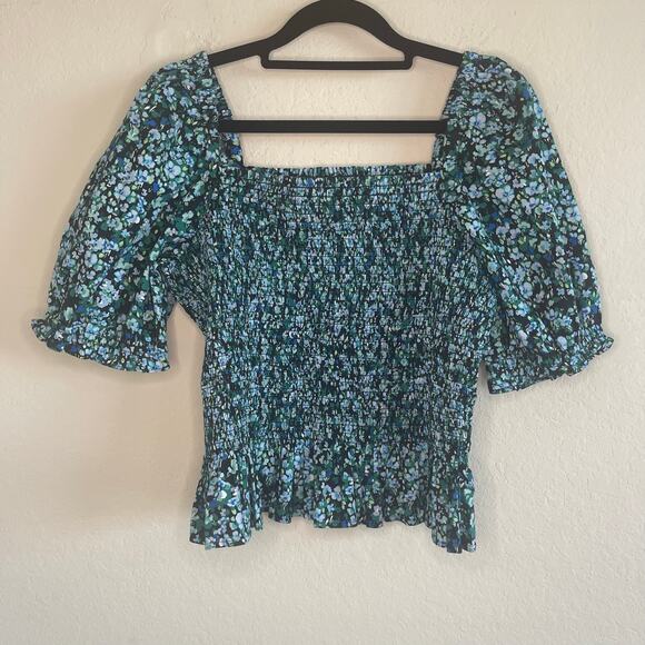 J. Crew Floral Smocked Bodice Poplin Top Black Heritage Green NEW - Size M - Picture 4 of 8